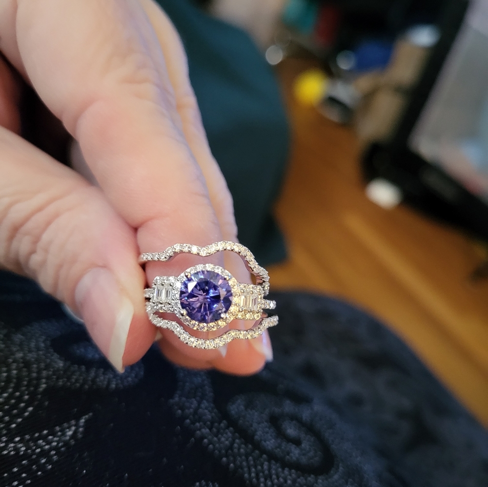 Tanzinite (real) and white simulated diamond silver ring